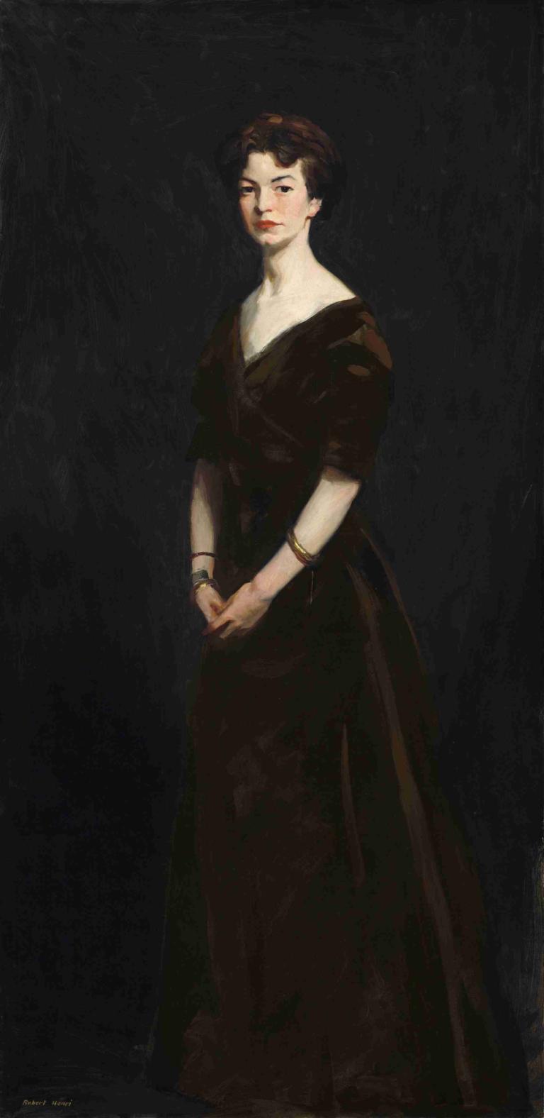 Edith Reynolds,Robert Henri,Oil Painting,Oil Painting, solo, 1girl, jewelry, dress, bracelet, black dress