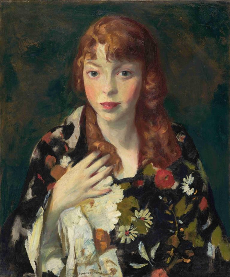 Edna Smith in a Japanese Wrap,Robert Henri,Oil Painting,Oil Painting, 1girl, solo, floral print