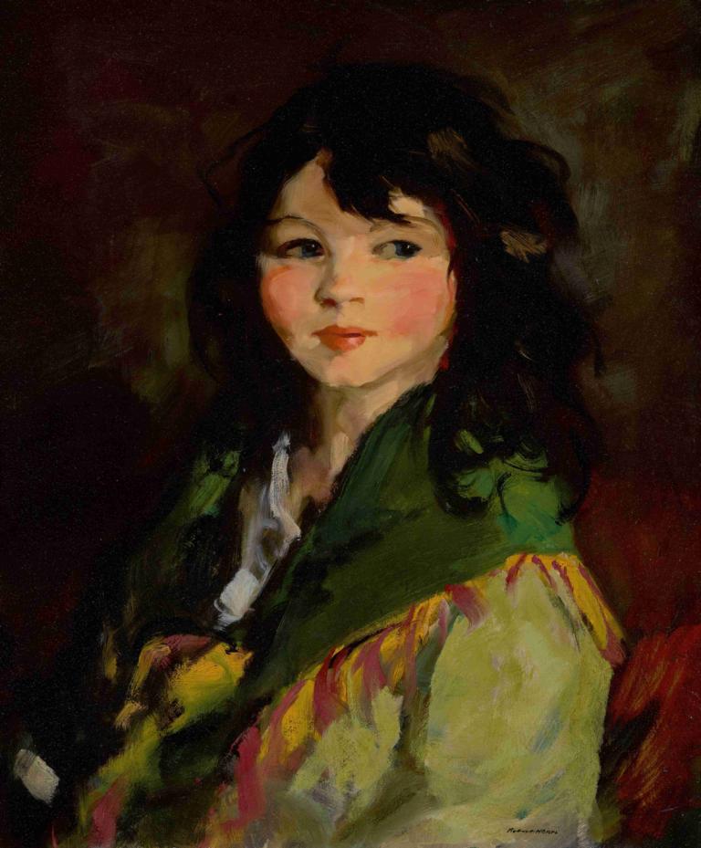 Francine ('lovey'),Robert Henri,Oil Painting,Oil Painting, 1girl, solo, black hair, upper body, long hair