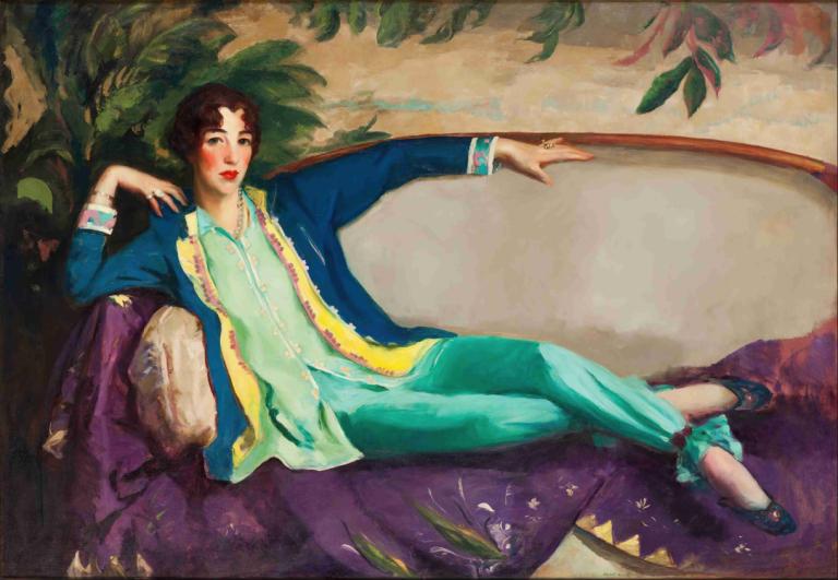 Gertrude Vanderbilt Whitney,Robert Henri,Oljna slika,Oljna slika, solo, 1 dekle, Kavč, rastlina, blazina