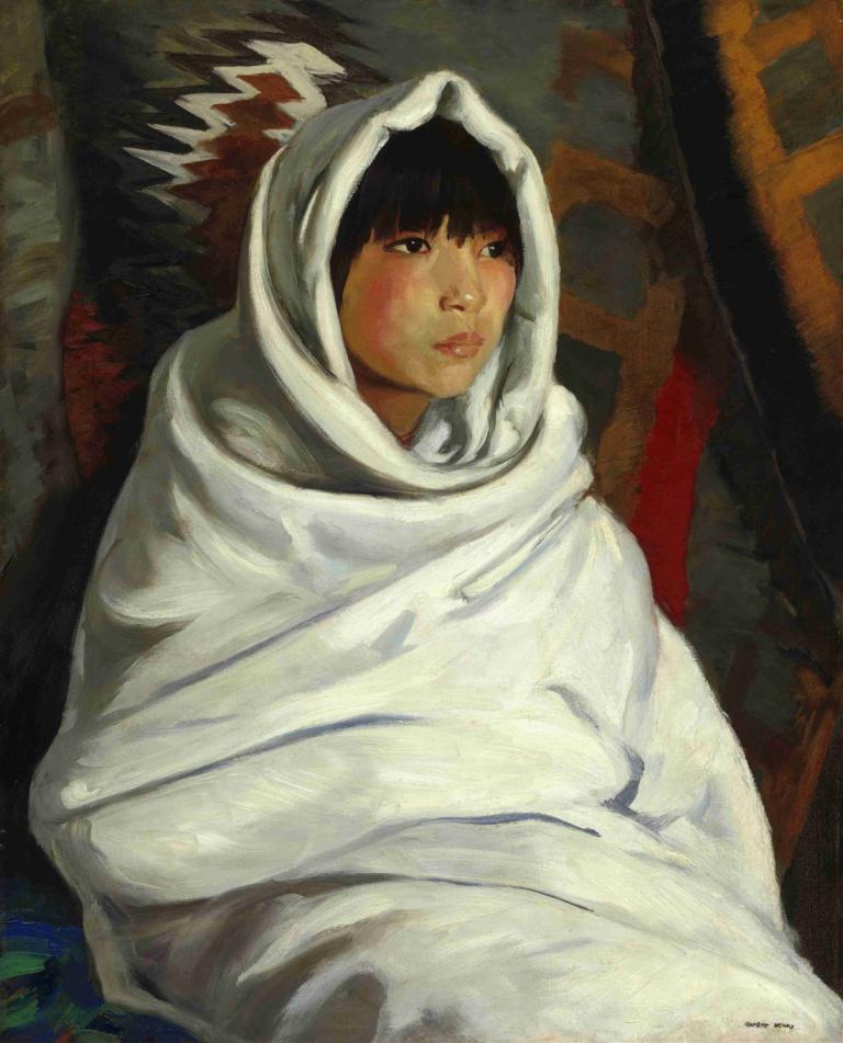 Indian Girl in White Blanket,Indiaans meisje in witte deken,Robert Henri,Olieverf,Olieverf, solo, zwart haar