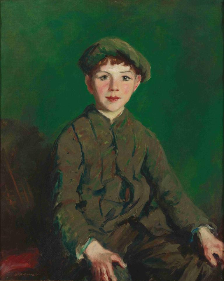 Irish Lad,Robert Henri,Oil Painting,Oil Painting, solo, hat, 1boy, male focus, sitting, green background