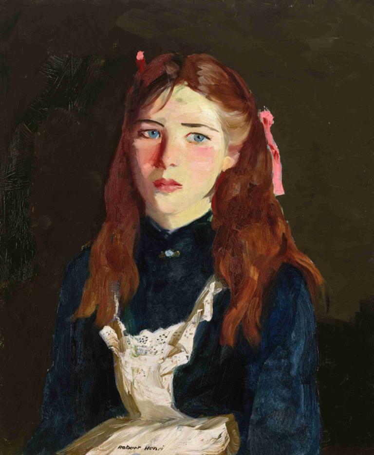 Irish Lass,愛爾蘭少女,Robert Henri,羅伯特·亨利,油畫,油畫, 1個女孩, 獨奏, 藍眼睛, 長髮, 棕色的頭髮, 傳統媒體, 絲帶, 髮帶, 看著觀眾, 上半身, 繪畫（中）, 實際的