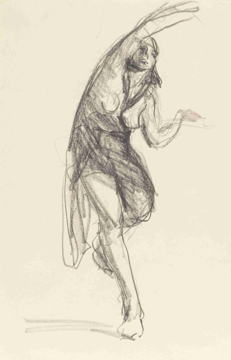 Isadora Duncan,伊莎多拉·鄧肯,Robert Henri,羅伯特·亨利,素描,素描, 獨奏, 單色, 草圖, 赤腳, 傳統媒體, 1個女孩, 觸角, 全身