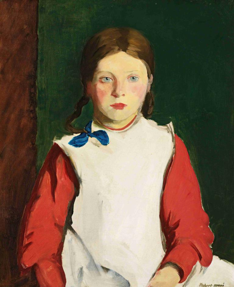 Little Irish Girl,《愛爾蘭小姑娘》,Robert Henri,羅伯特·亨利,油畫,油畫, 1個女孩, 獨奏, 棕色的頭髮, 編織, 雙辮子, 藍眼睛, 傳統媒體, 看著觀眾, 裙子, 長袖, 閉著嘴