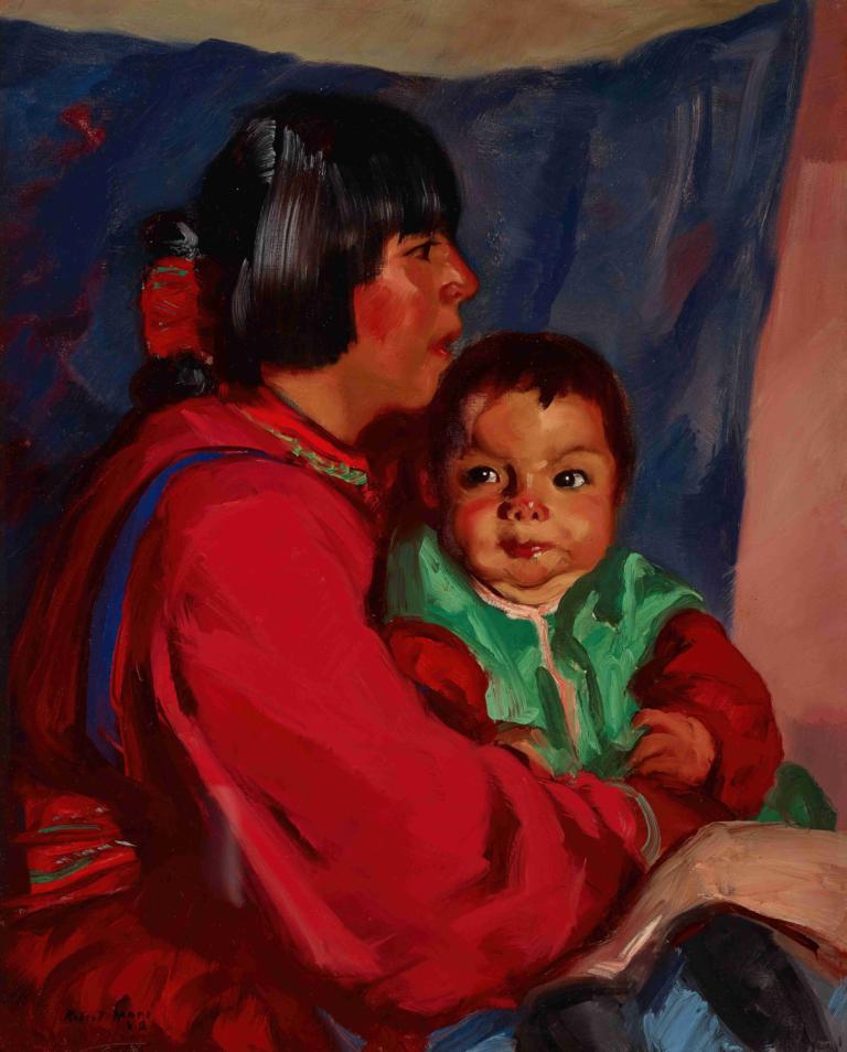 Maria and Baby,瑪麗亞和寶貝,Robert Henri,羅伯特·亨利,油畫,油畫, 黑髮, 1個女孩, 坐著, 實際的, 孩子, 瀏海, 傳統媒體, 書, 長袖, 輪廓, 短髮, 鈍瀏海, 1男孩, 夾克