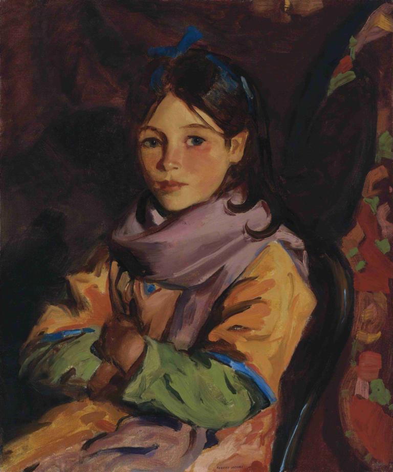 Mary Agnes,瑪麗·阿格尼斯,Robert Henri,羅伯特·亨利,油畫,油畫, 1個女孩, 獨奏, 圍巾, 長髮, 黑髮, 坐著, 長袖, 看著觀眾, 手套, 椅子, 藍眼睛, 裙子, 閉著嘴, 棕色手套