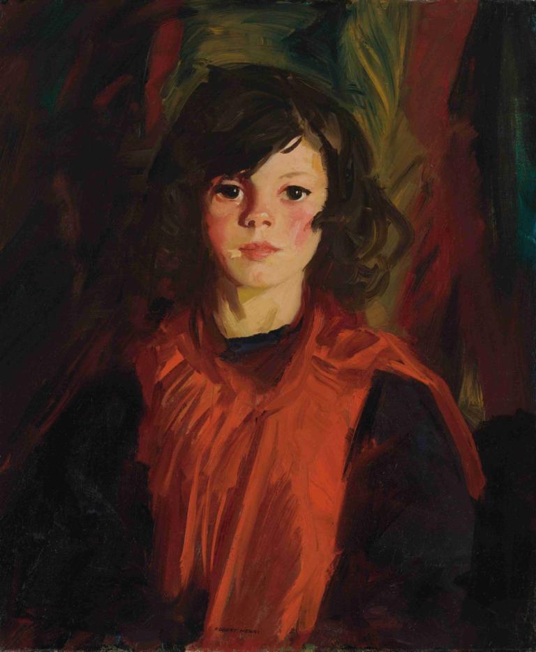 Mary Ann,Robert Henri,Oil Painting,Oil Painting, 1girl, solo, brown hair, looking at viewer, upper body