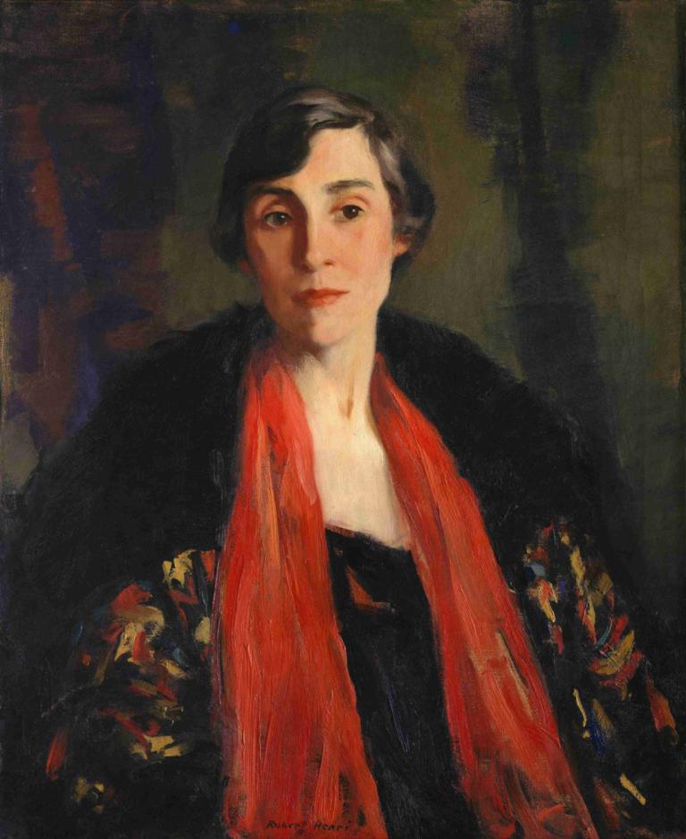 Mary Fanton Roberts,Robert Henri,Oil Painting,Oil Painting, solo, 1girl, black hair, scarf, short hair