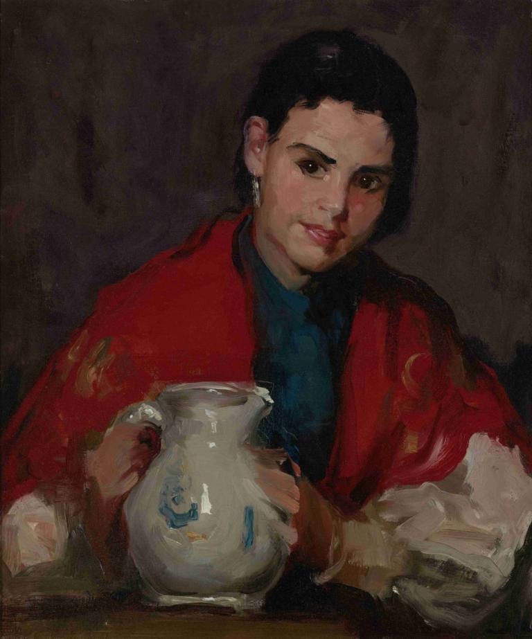 Segovia Girl Holding Pitcher,Segovia Meisje met kruik,Robert Henri,Olieverf,Olieverf, 1meisje, solo