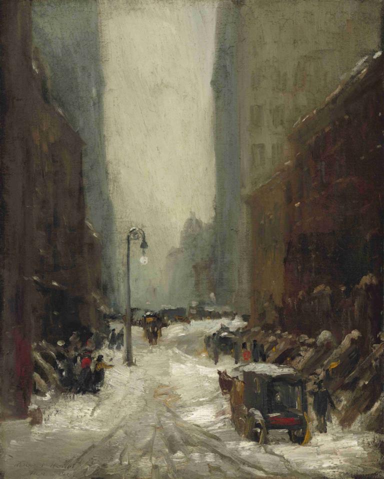 Snow in New York,Sneeuw in New York,Robert Henri,Olieverf,Olieverf, motorvoertuig, grond voertuig, weg, auto