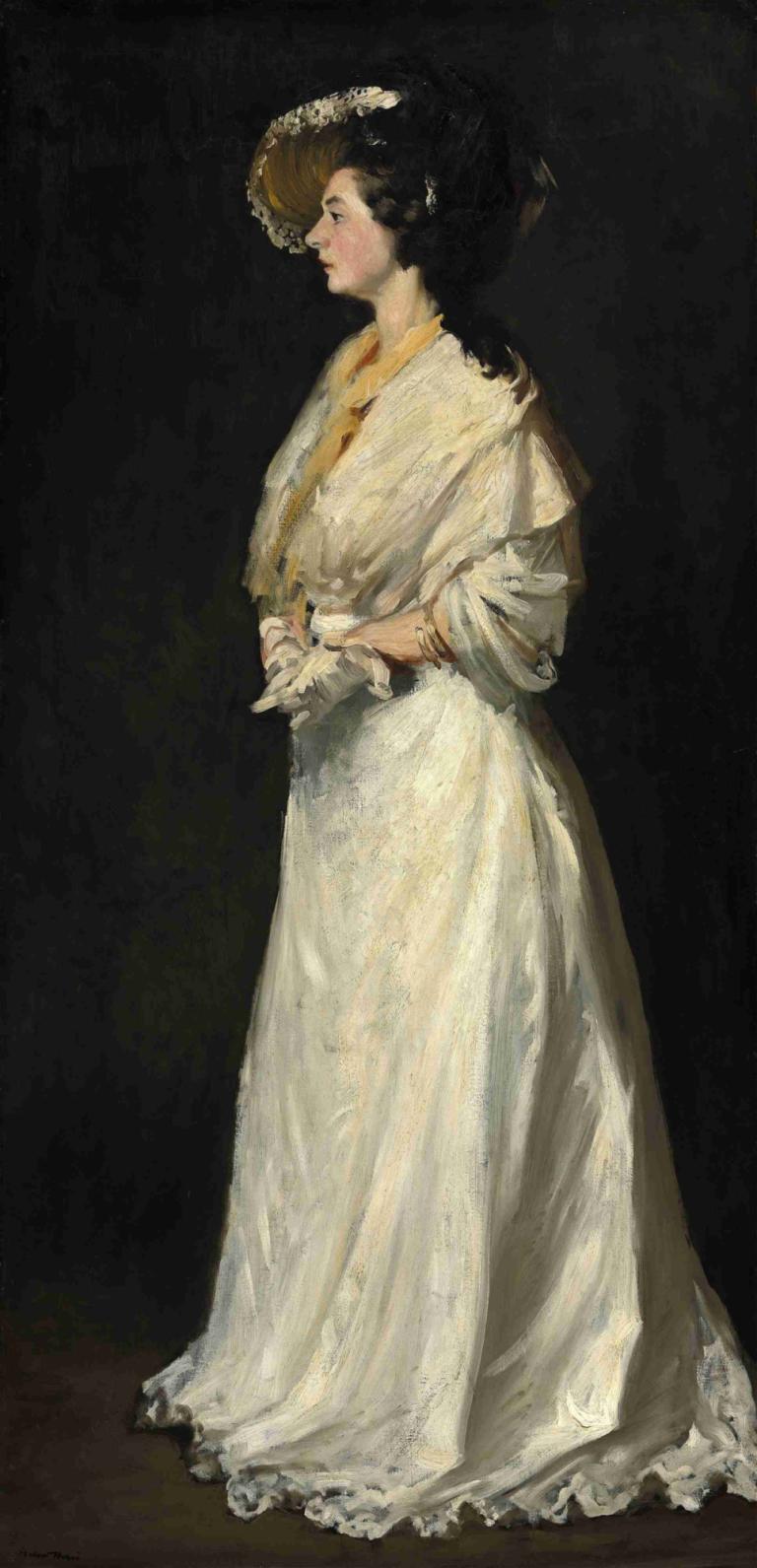 Young Woman in White,Jonge vrouw in het wit,Robert Henri,Olieverf,Olieverf, 1meisje, solo