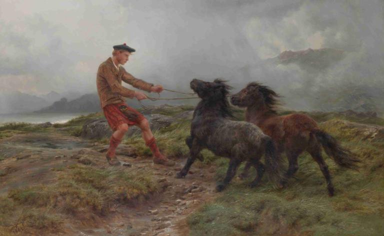 A Ghillie And Two Shetland Ponies In A Misty Landscape,Rosa Bonheur,Oil Painting,Oil Painting, 1boy, outdoors