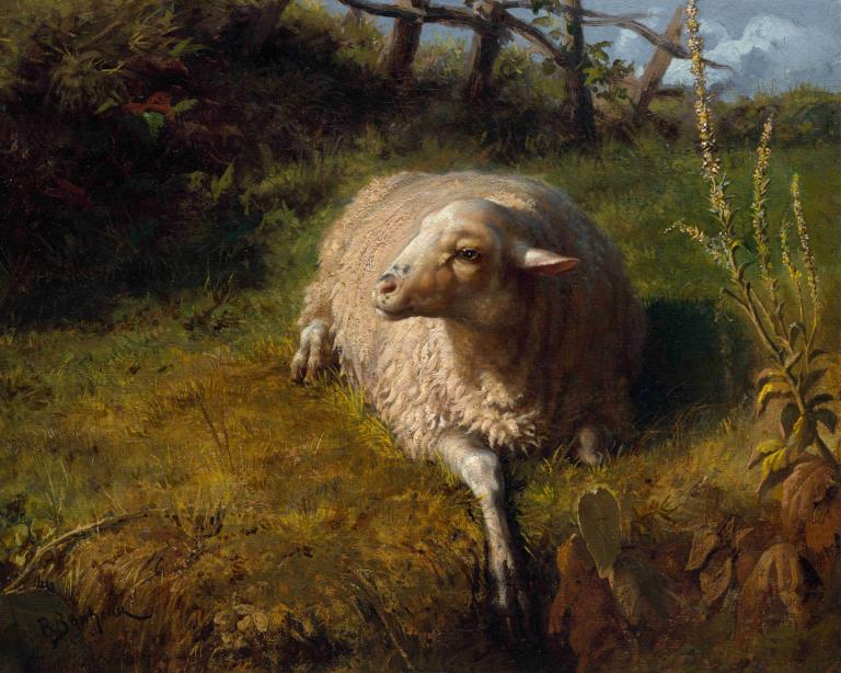 A Sheep at Rest,Rosa Bonheur,Oil Painting,Oil Painting, realistic, no humans, grass, outdoors, sheep, tree