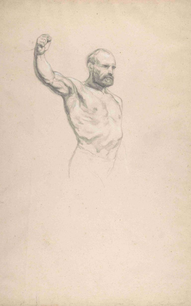 Bearded, bare-chested male figure, study for 'The Horse Fair',Rosa Bonheur,Sketch,Sketch, 1boy, male focus