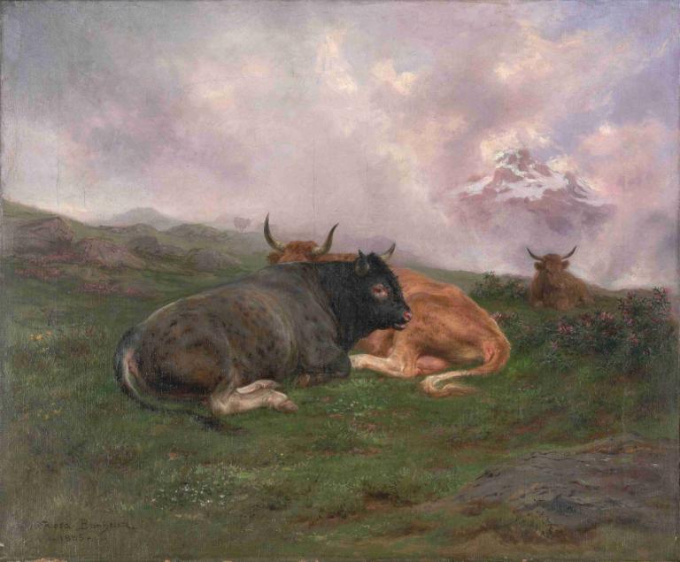 Cattle at Rest on a Hillside in the Alps,Kvæg til hvile på en bakkeskråning i Alperne,Rosa Bonheur,Oliemaleri