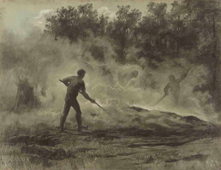 Charcoal burners (Les charbonniers),Rosa Bonheur,Oil Painting,Oil Painting, weapon, tree, 1boy, monochrome