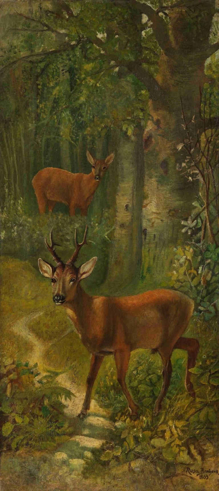 Deer at the edge of the forest,Rosa Bonheur,Oil Painting,Oil Painting, nature, deer, forest, no humans