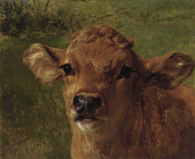 Head Of A Calf,Rosa Bonheur,Oil Painting,Oil Painting, no humans, animal focus, realistic, animal, grass