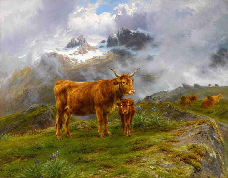 Highland Cattle,Rosa Bonheur,Oil Painting,Oil Painting, no humans, cloud, outdoors, scenery, horns, mountain