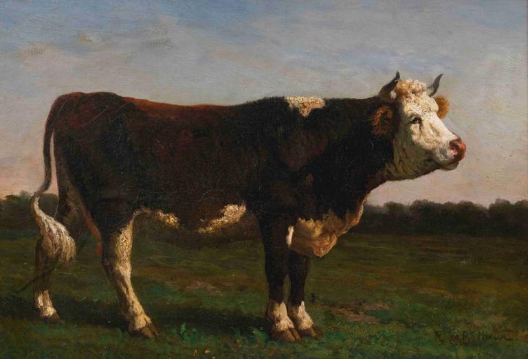 King Of The Herd,Rosa Bonheur,Oil Painting,Oil Painting, no humans, outdoors, grass, horns, solo, realistic