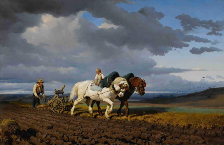 Le Labourage,Rosa Bonheur,Oil Painting,Oil Painting, riding, outdoors, cloud, horse, sky, hat, field, bird