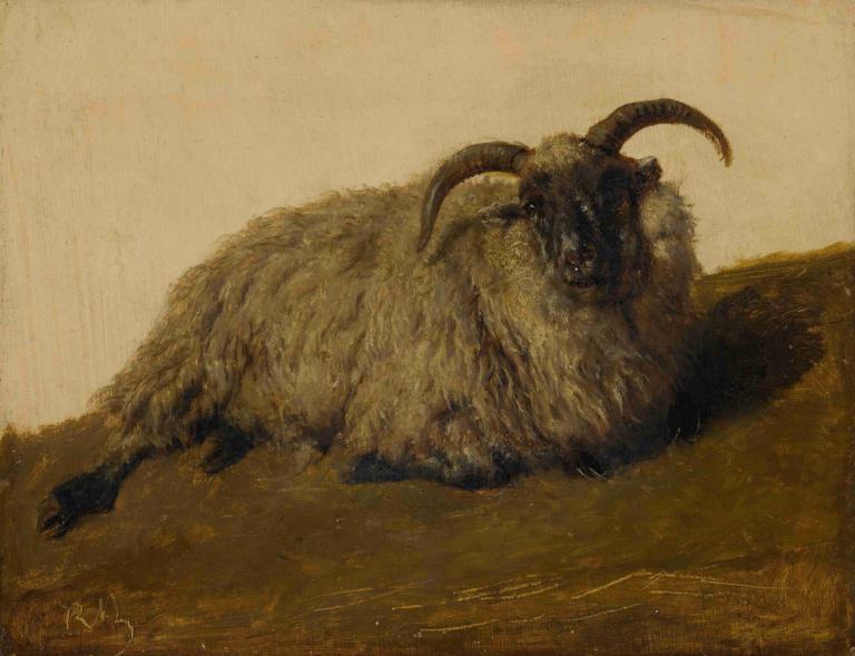 Le Mérinos,メリノウール,Rosa Bonheur,ピンク・ボヌール,油絵,油絵, 人間がいない, 角, 現実的な, ソロ, サイン, 全身, 嘘つき, 茶色のテーマ, 動物の焦点