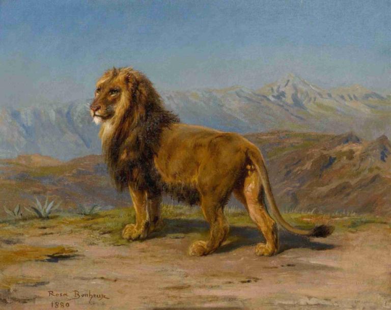 Lion in a mountainous landscape,Rosa Bonheur,Oil Painting,Oil Painting, no humans, outdoors, dated, sky