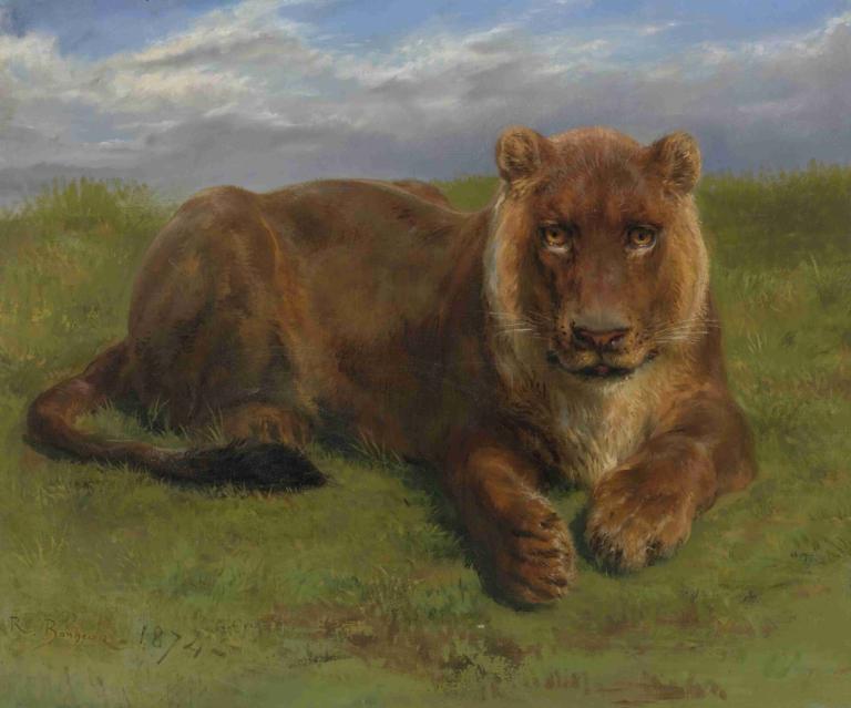 Lioness At Rest,휴식 중인 암사자,Rosa Bonheur,핑크 보네르,오일 페인팅,오일 페인팅, 인간은 없어, 구름, 하늘, 잔디, 현실적인, 옥외, 동물, 낮, 흐린 하늘