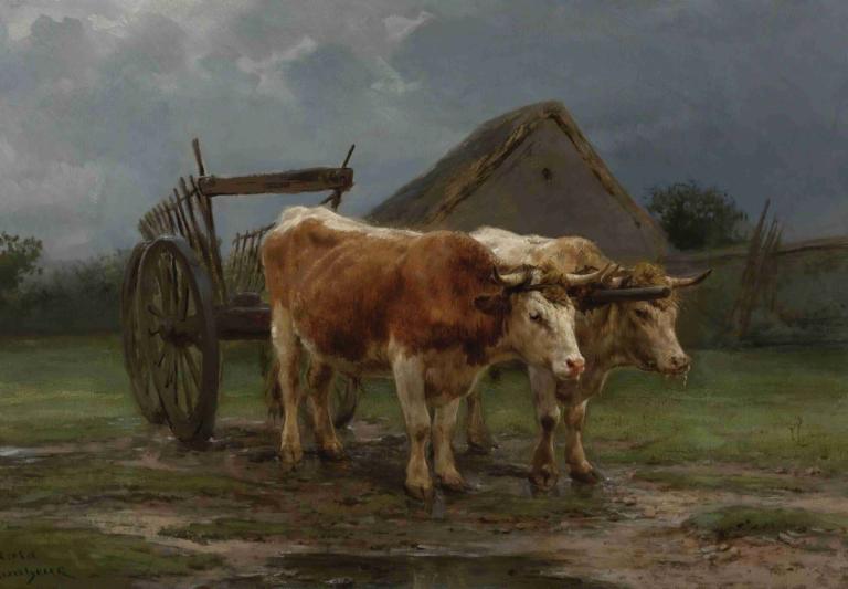 Oxen Pulling A Cart,Rosa Bonheur,Oil Painting,Oil Painting, outdoors, no humans, grass, cloud, sky, horns