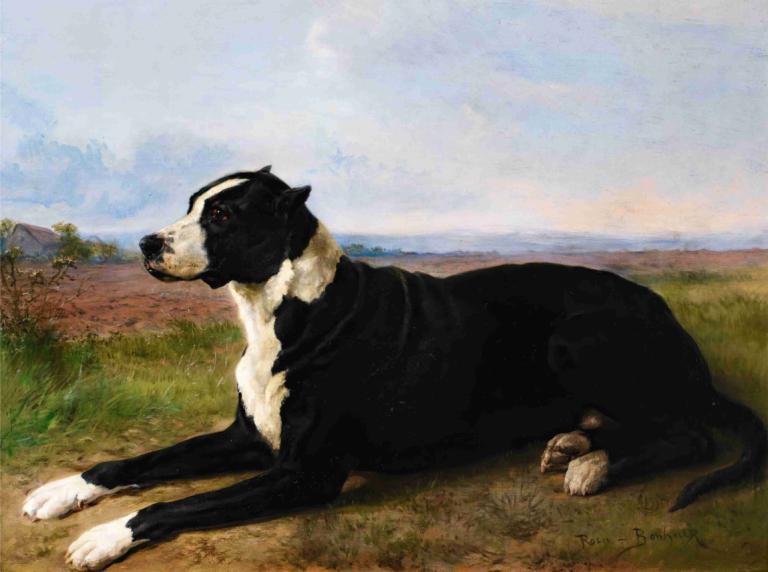 Portrait Of A Mastiff-Labrador In A Landscape,풍경 속 마스티프 래브라도의 초상화,Rosa Bonheur,핑크 보네르,오일 페인팅,오일 페인팅, 인간은 없어