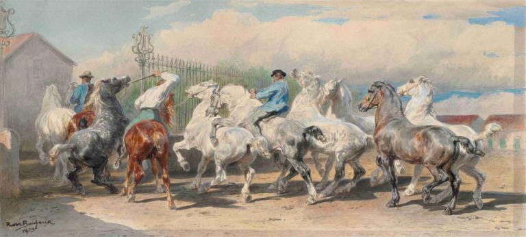 Return from the Horse Fair,Rosa Bonheur,Oil Painting,Oil Painting, horse, outdoors, horseback riding, riding