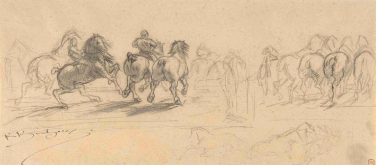 Study for 'The Horse Fair',Rosa Bonheur,Sketch,Sketch, horse, riding, horseback riding, sketch, monochrome