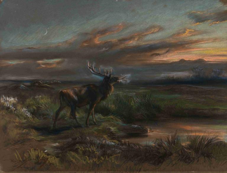 The Call of the Stag,Rosa Bonheur,Oil Painting,Oil Painting, no humans, sky, outdoors, cloud, grass, moon