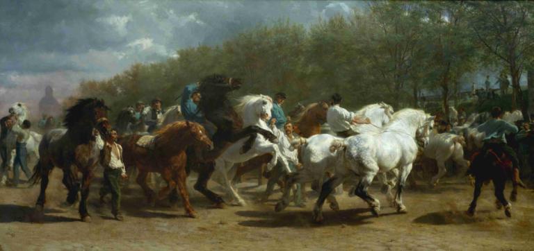 The Horse Fair,Rosa Bonheur,Oil Painting,Oil Painting, horse, horseback riding, tree, riding, outdoors