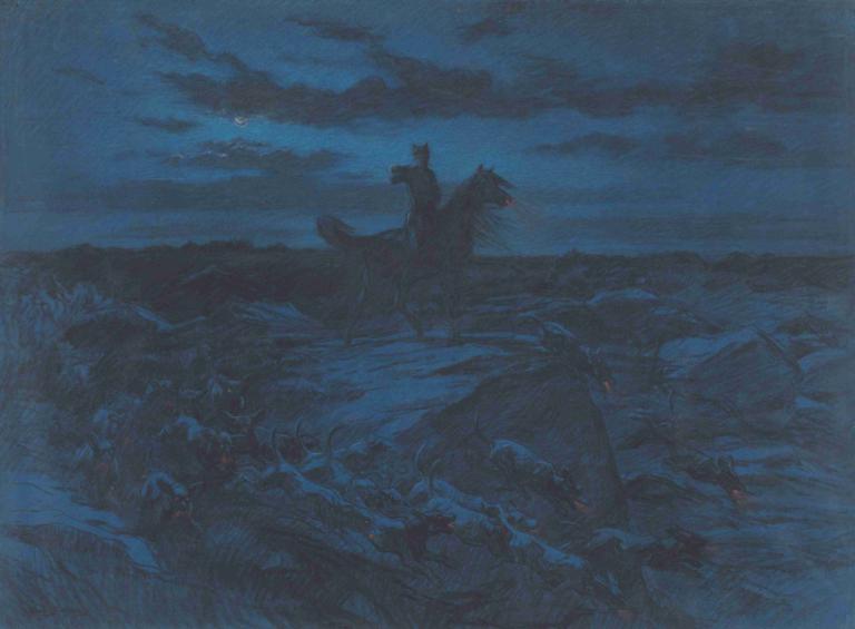 The Legend of the Wolves,Rosa Bonheur,Oil Painting,Oil Painting, riding, night, horse, horseback riding, sky