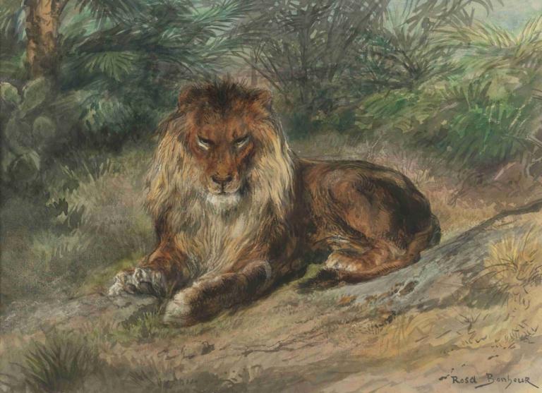 The Old Monarch,Rosa Bonheur,Oil Painting,Oil Painting, no humans, tree, grass, outdoors, traditional media