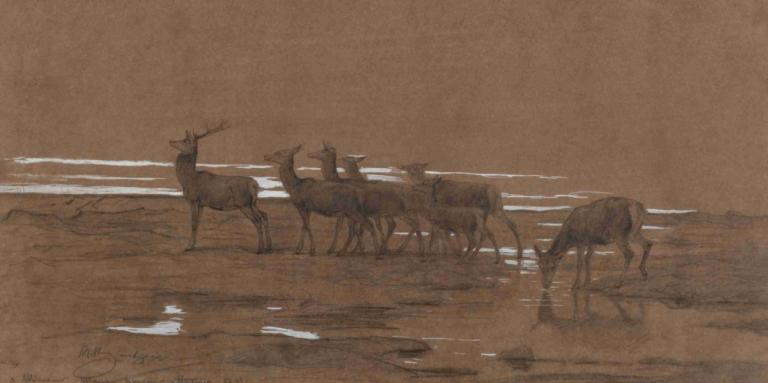 The leading stag,Rosa Bonheur,Oil Painting,Oil Painting, antlers, deer, animal, brown theme, no humans