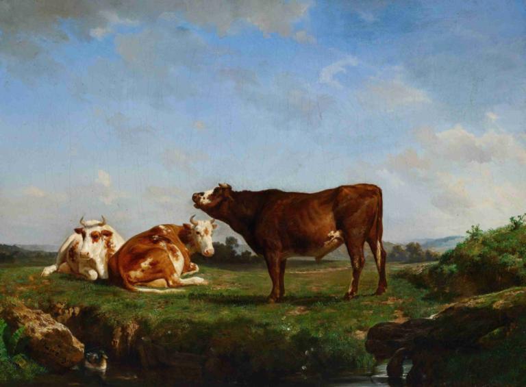 Trois vaches au pâturage,Rosa Bonheur,Oil Painting,Oil Painting, outdoors, no humans, sky, grass, day