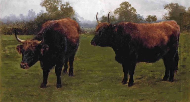 Two Bulls Grazing,Rosa Bonheur,Oil Painting,Oil Painting, outdoors, no humans, horns, grass, tree, nature