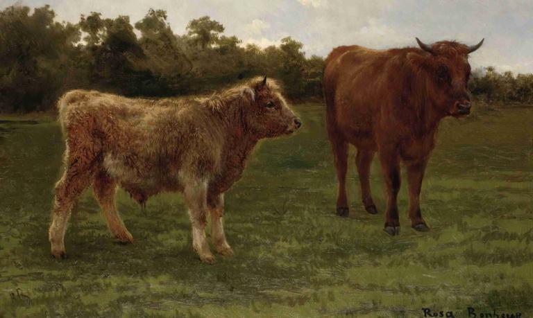 Two Cows Grazing,Rosa Bonheur,Oil Painting,Oil Painting, no humans, outdoors, realistic, grass, nature, tree