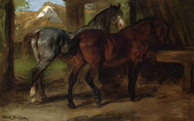 Two Horses In A Stable,Rosa Bonheur,Oil Painting,Oil Painting, horse, outdoors, solo, tree, no humans, nature