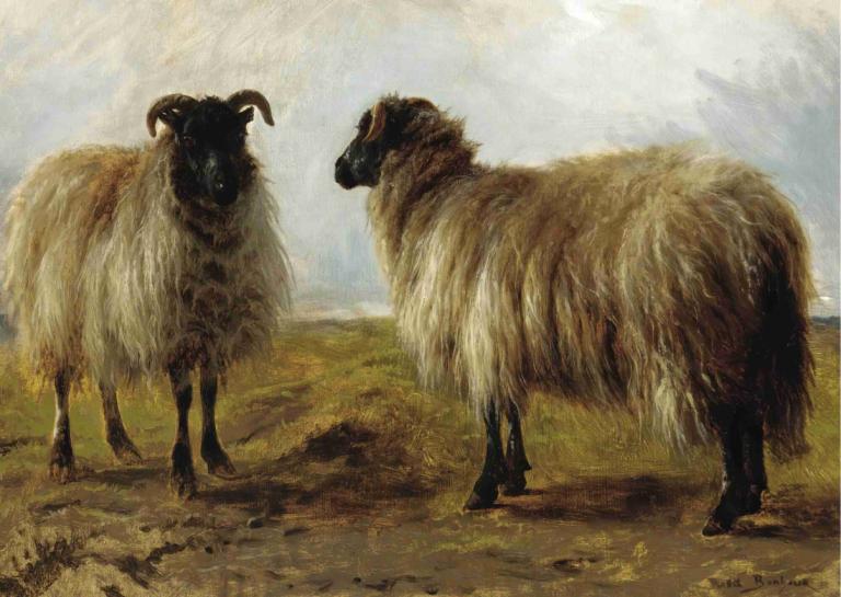 Two Rams In A Landscape,Rosa Bonheur,Oil Painting,Oil Painting, no humans, realistic, horns, outdoors