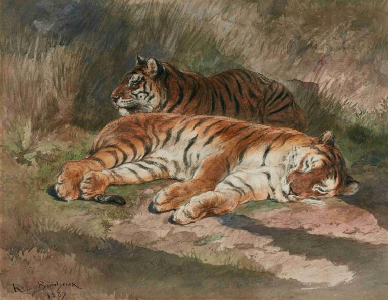 Two Recumbent Tigers,Rosa Bonheur,Oil Painting,Oil Painting, tiger, no humans, grass, signature