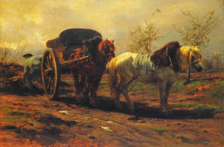 Two horses for a cart,Rosa Bonheur,Oil Painting,Oil Painting, horse, tree, outdoors, ground vehicle