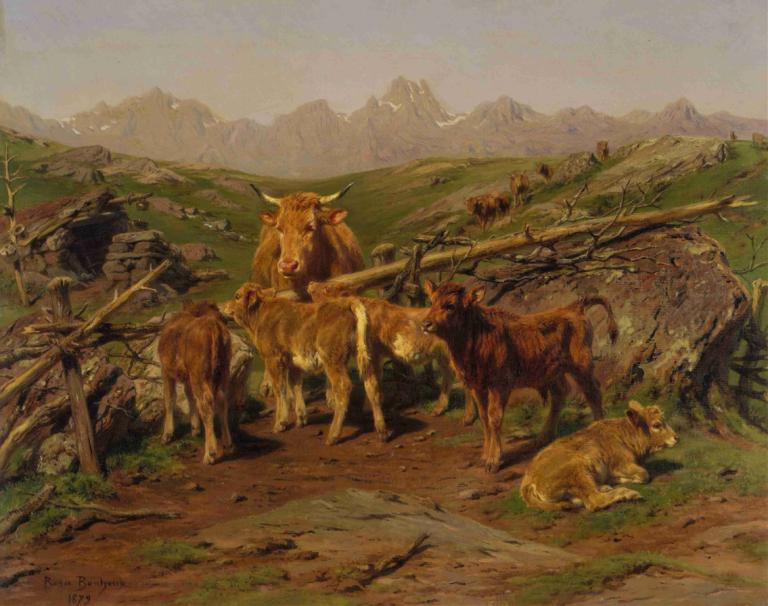 Weaning the Calves,Odstavljanje telet,Rosa Bonheur,Pink bonheur,Oljna slika,Oljna slika, brez ljudi