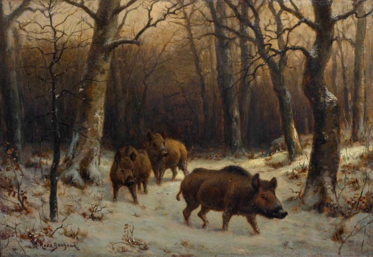 Wild Boars in the Snow,Rosa Bonheur,Oil Painting,Oil Painting, nature, tree, forest, no humans, outdoors