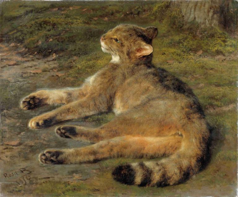 Wild Cat,Rosa Bonheur,Oil Painting,Oil Painting, no humans, realistic, traditional media, signature, lying