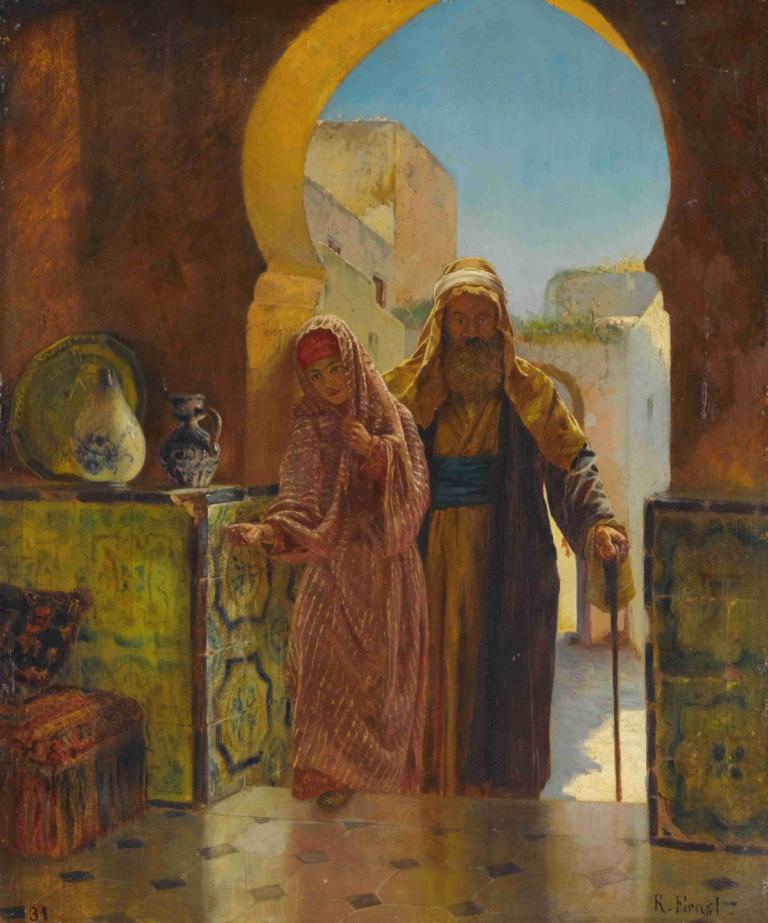 A Helping Hand,Rudolf Ernst,Oil Painting,Oil Painting, robe, old, fine art parody, 1girl, old man, 1boy