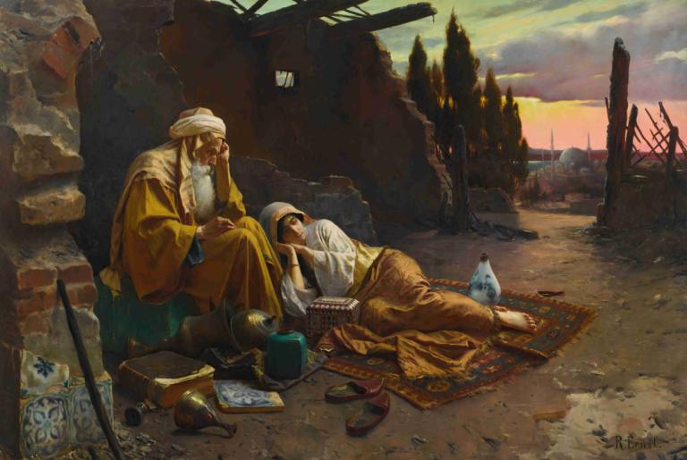 A New Dawn,Rudolf Ernst,Oil Painting,Oil Painting, old, bird, ruins, beard, old man, multiple boys, sitting